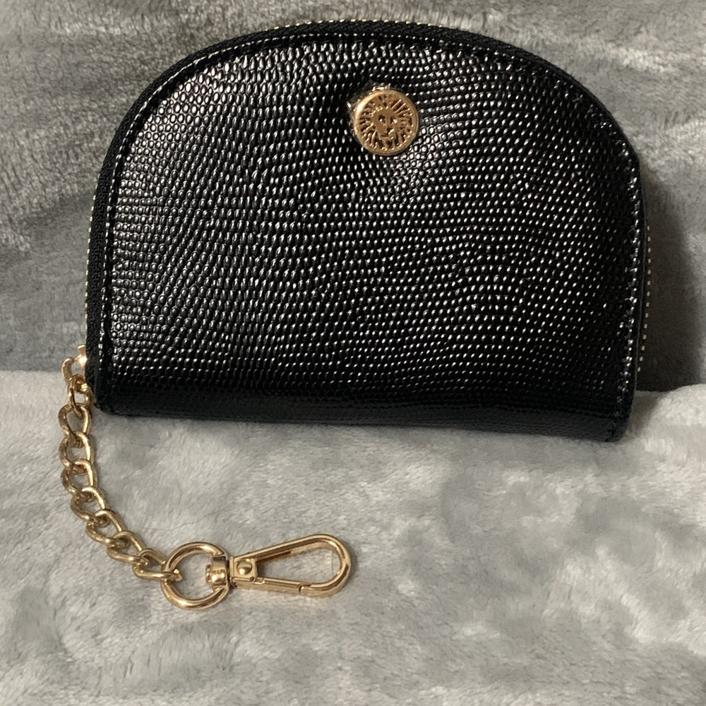Anne Klein Black Lizard Embossed‎ Coin Pouch Card Holder Wallet Keychain Gold